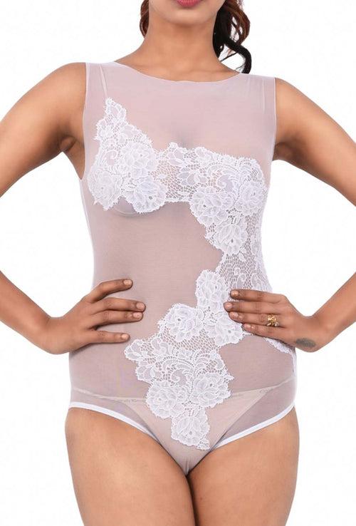 Women Premium Lingerie Lace and Mesh Bodysuit White