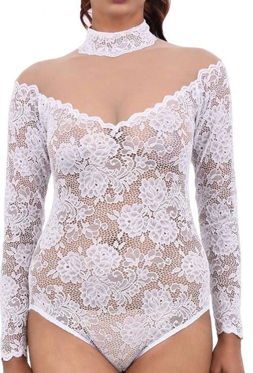 Women Premium Lingerie Full Sleeve Lace Bodysuit White