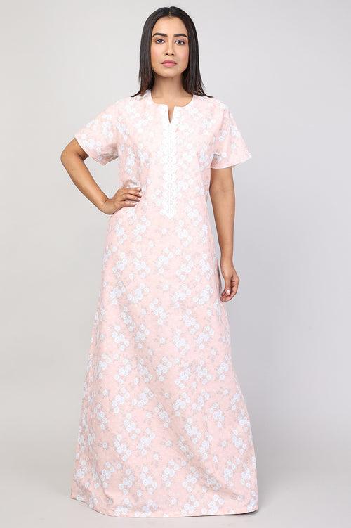 Women Peach Floral Cotton Cambric Nighty