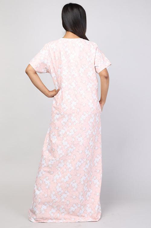 Women Peach Floral Cotton Cambric Nighty