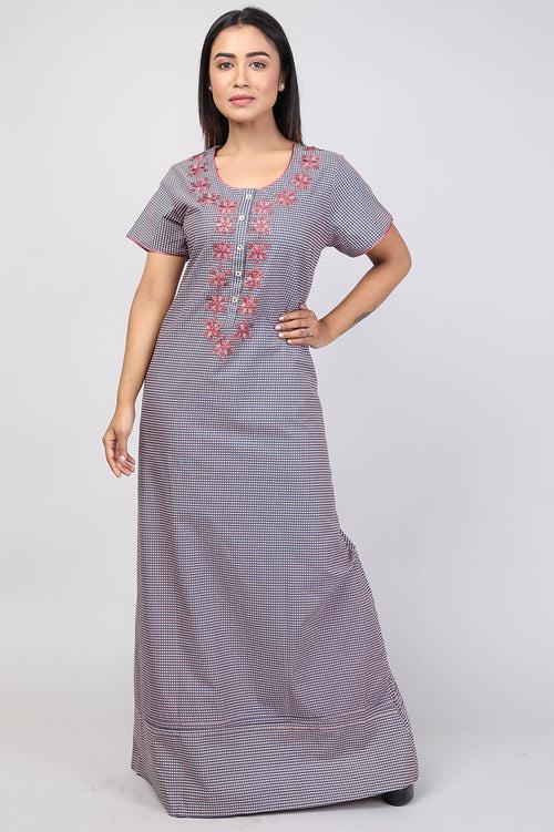 Women Navy Blue Dotted Machine Embroidery Cotton Cambric Nighty