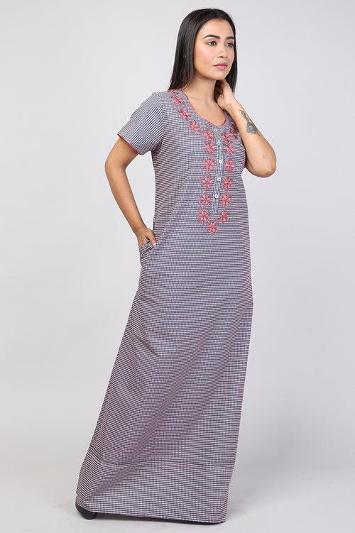 Women Navy Blue Dotted Machine Embroidery Cotton Cambric Nighty