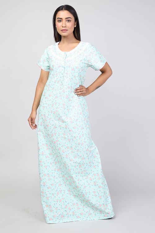 Women Green Print Machine Embroidery Cotton Cambric Nighty