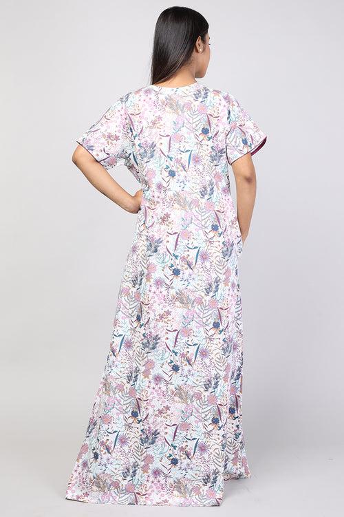 Women White Floral Cotton Cambric Nighty