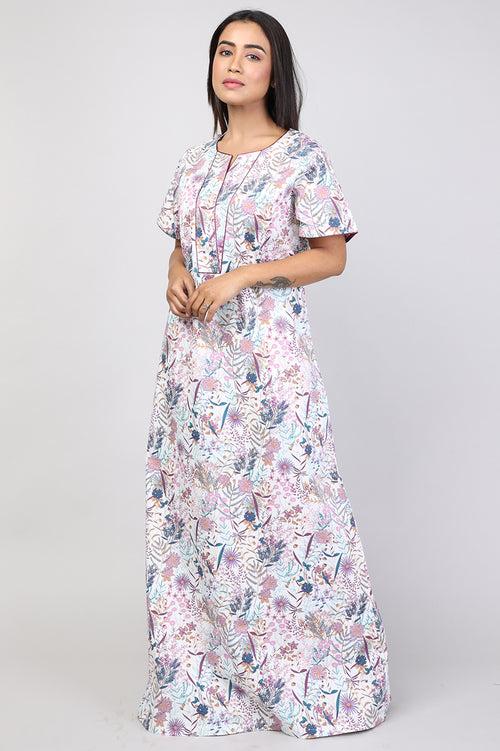 Women White Floral Cotton Cambric Nighty