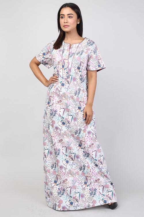 Women White Floral Cotton Cambric Nighty