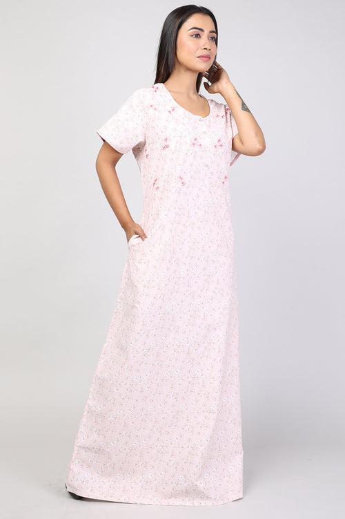 Women Peach Hand Embroidery Floral Cotton Nighty