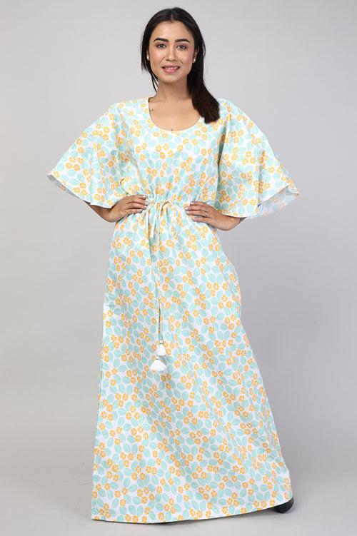 Women Green Floral Print Cotton Kaftan