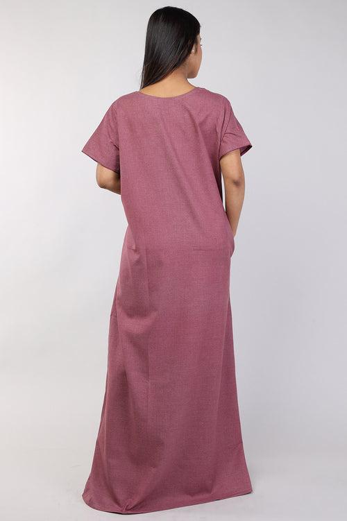 Women Maroon Hand Embroidery Spun Cotton Nighty