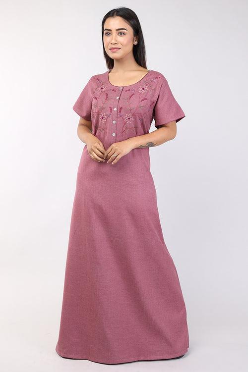 Women Maroon Hand Embroidery Spun Cotton Nighty