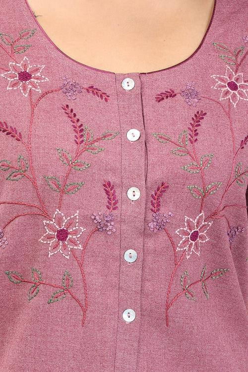 Women Maroon Hand Embroidery Spun Cotton Nighty