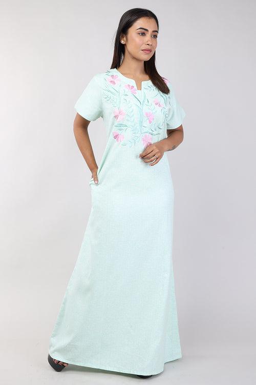 Women Light Green Floral Spun Nighty