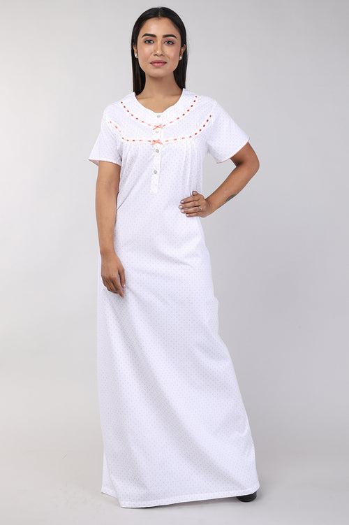 Women White Floral Cotton Cambric Nighty