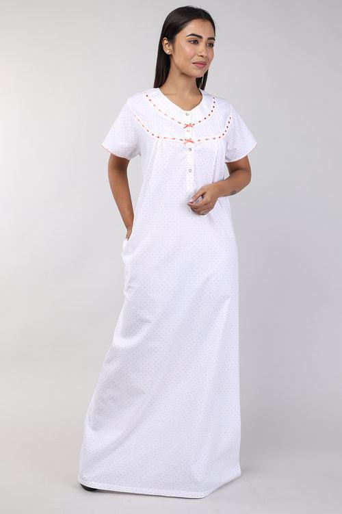 Women White Floral Cotton Cambric Nighty