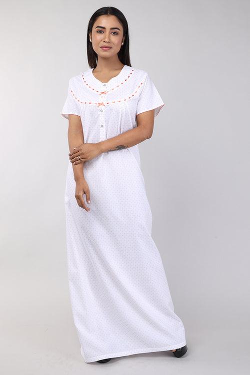 Women White Floral Cotton Cambric Nighty