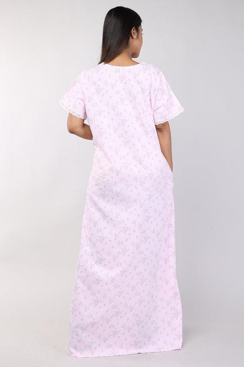 Women Pink Floral Cotton Cambric Nighty