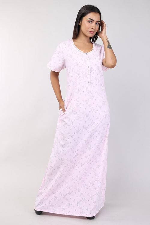 Women Pink Floral Cotton Cambric Nighty