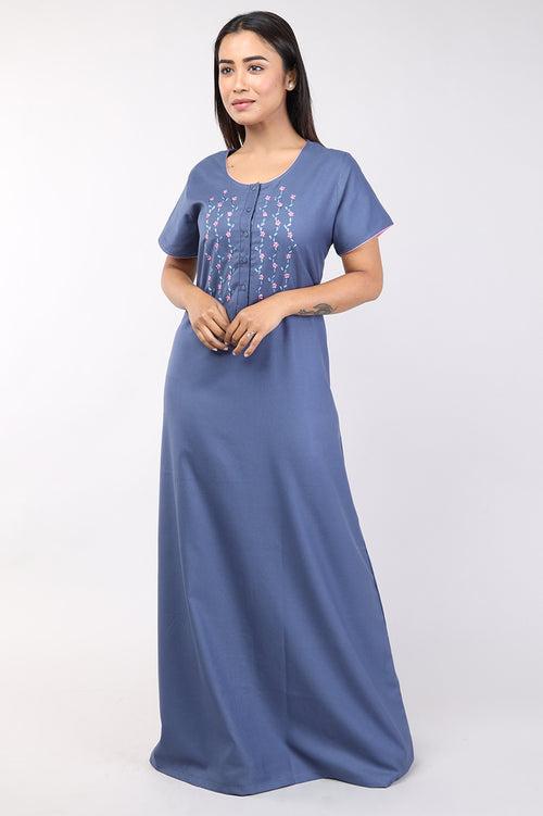 Women Plain Dark Grey Hand Embroidery Spun Cotton Nighty