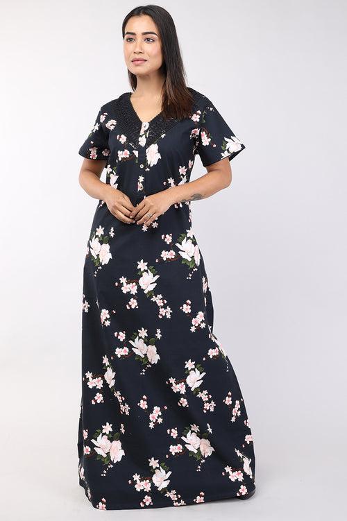 Women Black Floral Print Cotton Cambric Nighty