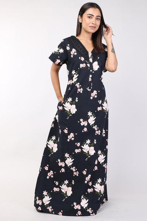 Women Black Floral Print Cotton Cambric Nighty