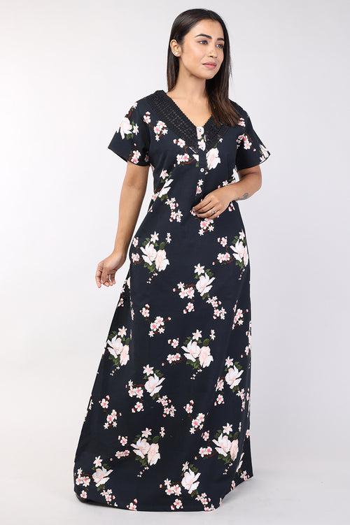 Women Black Floral Print Cotton Cambric Nighty