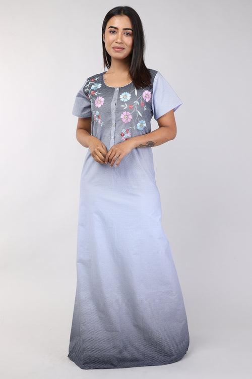 Women Blue Machine Embroidery Cotton Cambric Nighty