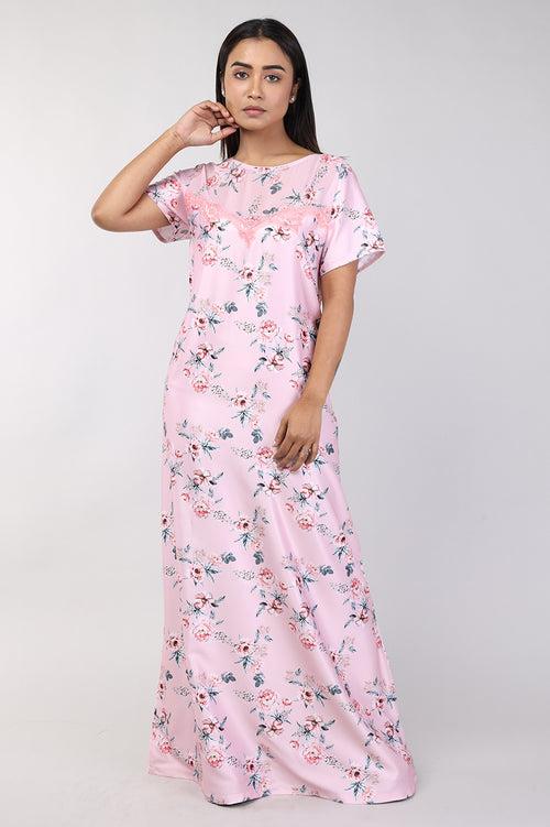 Women Peach Floral Print Satin Nighty