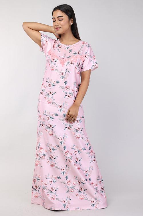 Women Peach Floral Print Satin Nighty