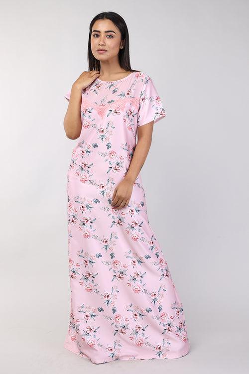 Women Peach Floral Print Satin Nighty