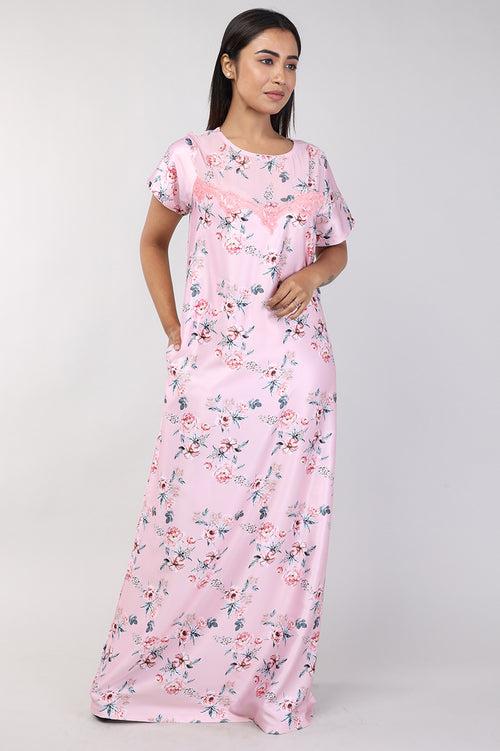 Women Peach Floral Print Satin Nighty