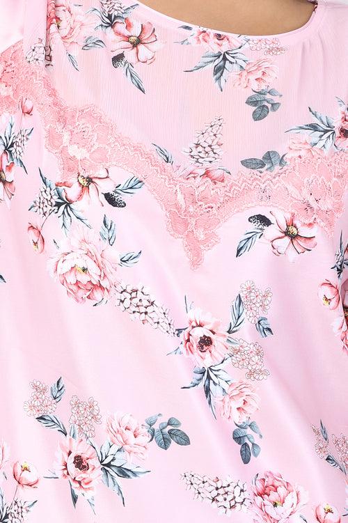 Women Peach Floral Print Satin Nighty