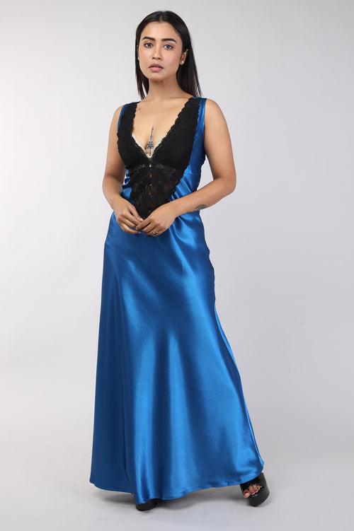 Women Teal Blue Satin Bridal Nighty Gown Set