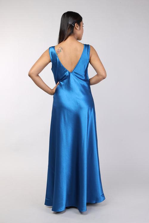 Women Teal Blue Satin Bridal Nighty Gown Set