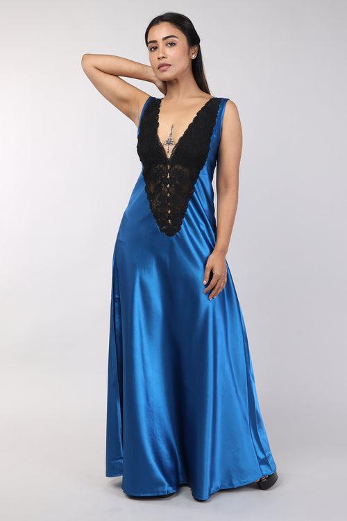 Women Teal Blue Satin Bridal Nighty Gown Set