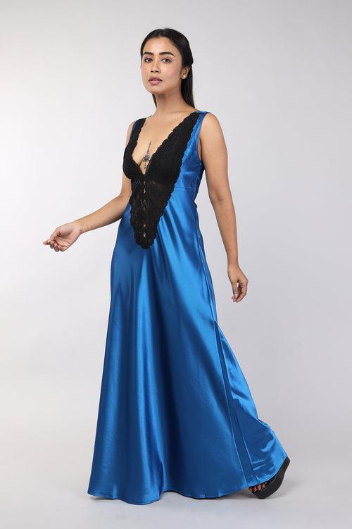 Women Teal Blue Satin Bridal Nighty Gown Set