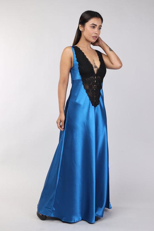 Women Teal Blue Satin Bridal Nighty Gown Set