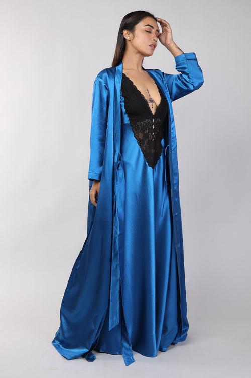 Women Teal Blue Satin Bridal Nighty Gown Set