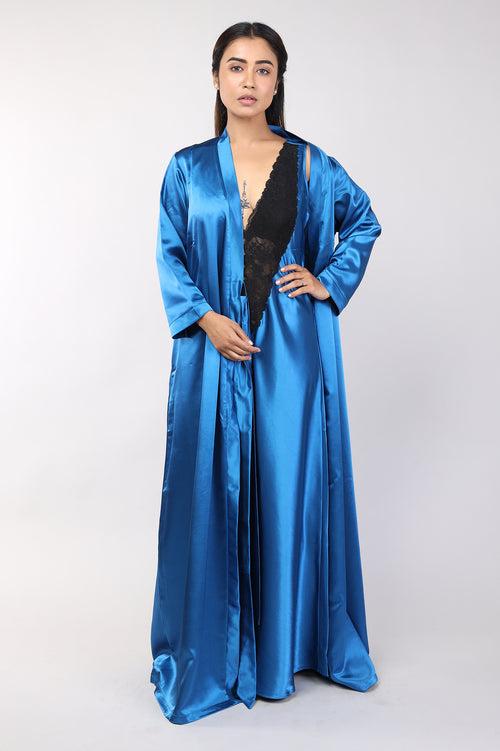 Women Teal Blue Satin Bridal Nighty Gown Set