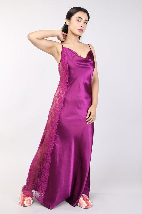 Women Purple Satin Bridal Nighty Gown Set