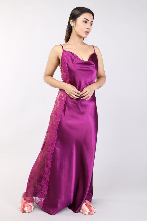 Women Purple Satin Bridal Nighty Gown Set