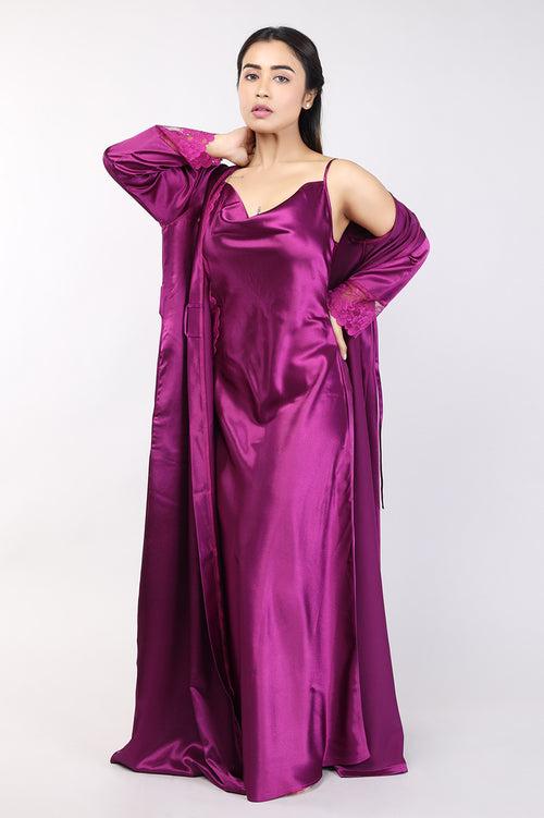 Women Purple Satin Bridal Nighty Gown Set