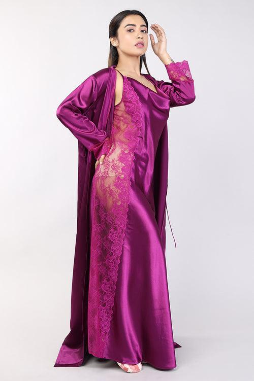 Women Purple Satin Bridal Nighty Gown Set