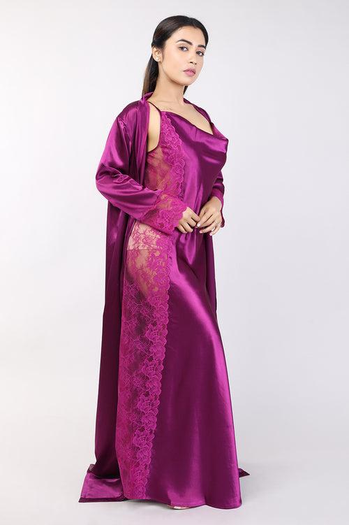 Women Purple Satin Bridal Nighty Gown Set