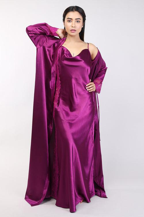 Women Purple Satin Bridal Nighty Gown Set