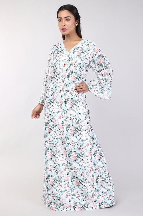 Women OffWhite Floral Print Satin Nighty