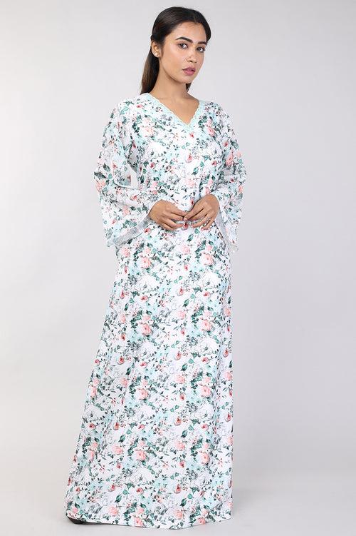 Women OffWhite Floral Print Satin Nighty