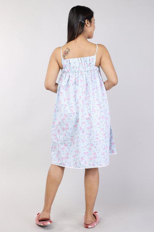 Women Light Blue Floral Print Short Cotton Nighty