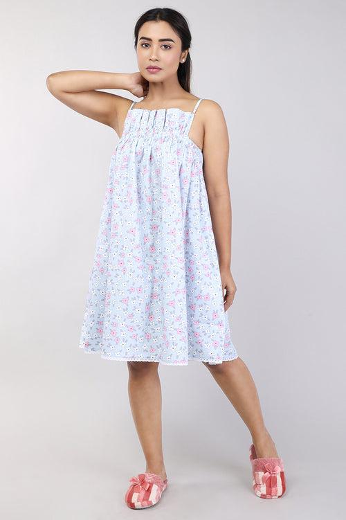 Women Light Blue Floral Print Short Cotton Nighty