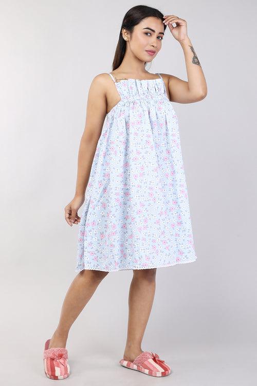 Women Light Blue Floral Print Short Cotton Nighty