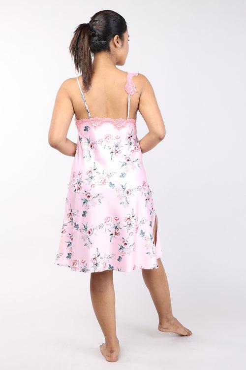 Women Floral Peach Short Nighty Gown Set